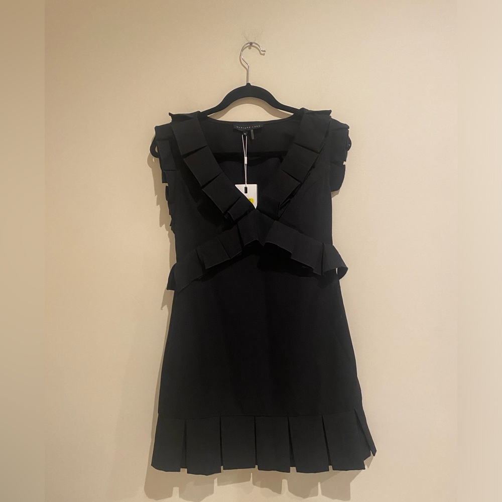 Black V Neck Mini Dress with Ruffle Detail